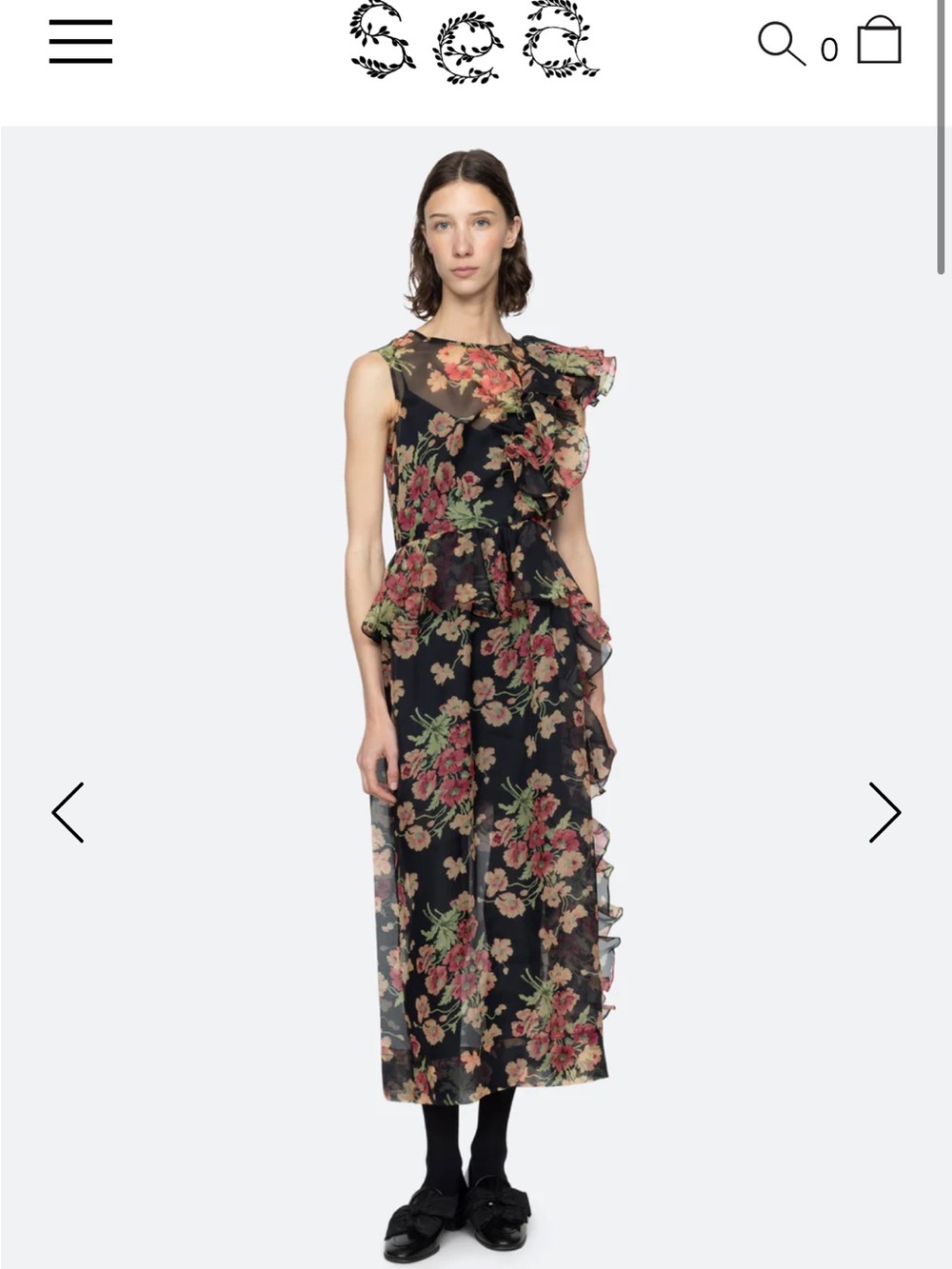 Sea New York Black Floral Ruffle Shoulder Midi Dress